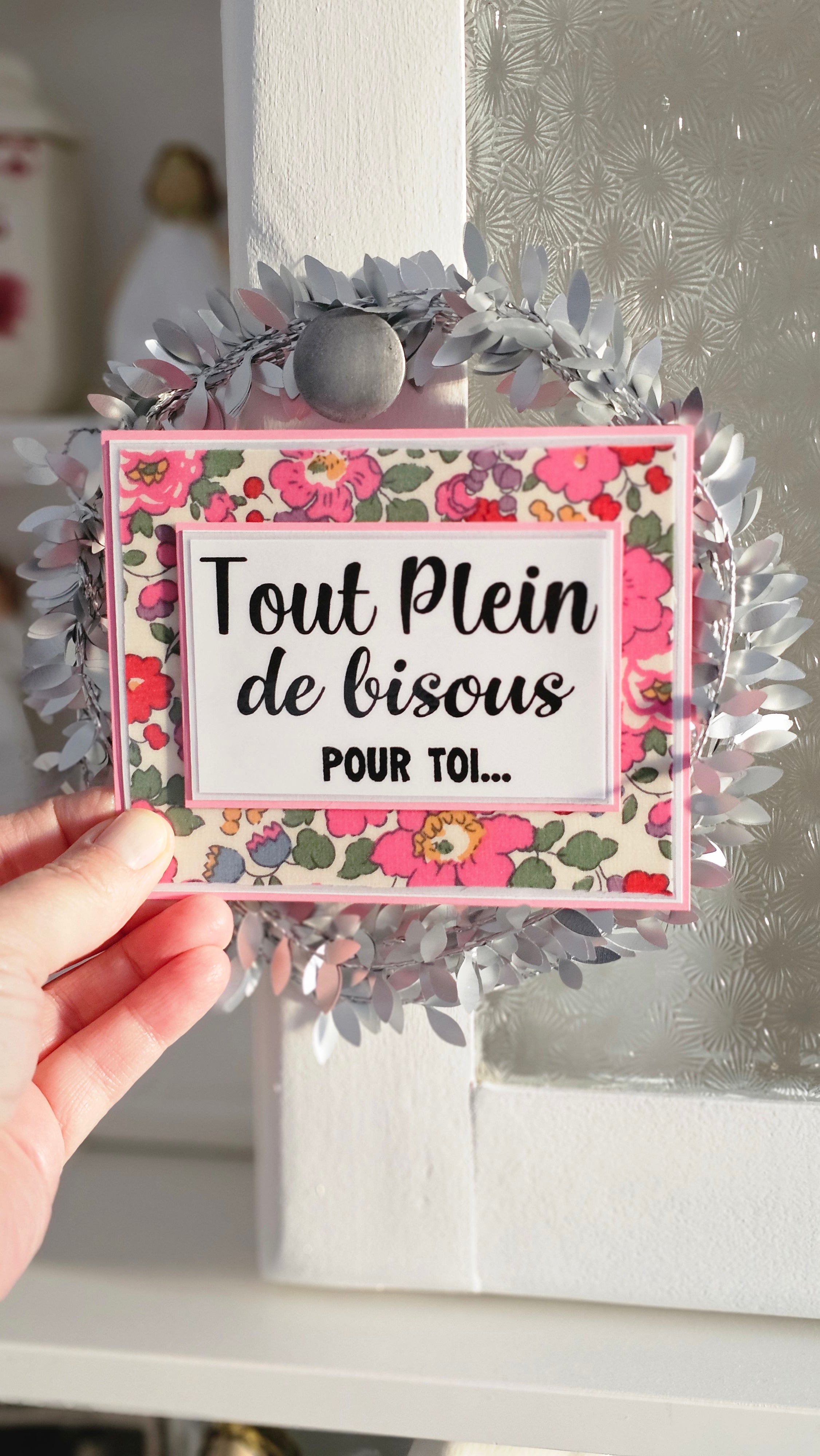Carte tissu Liberty rose bisous