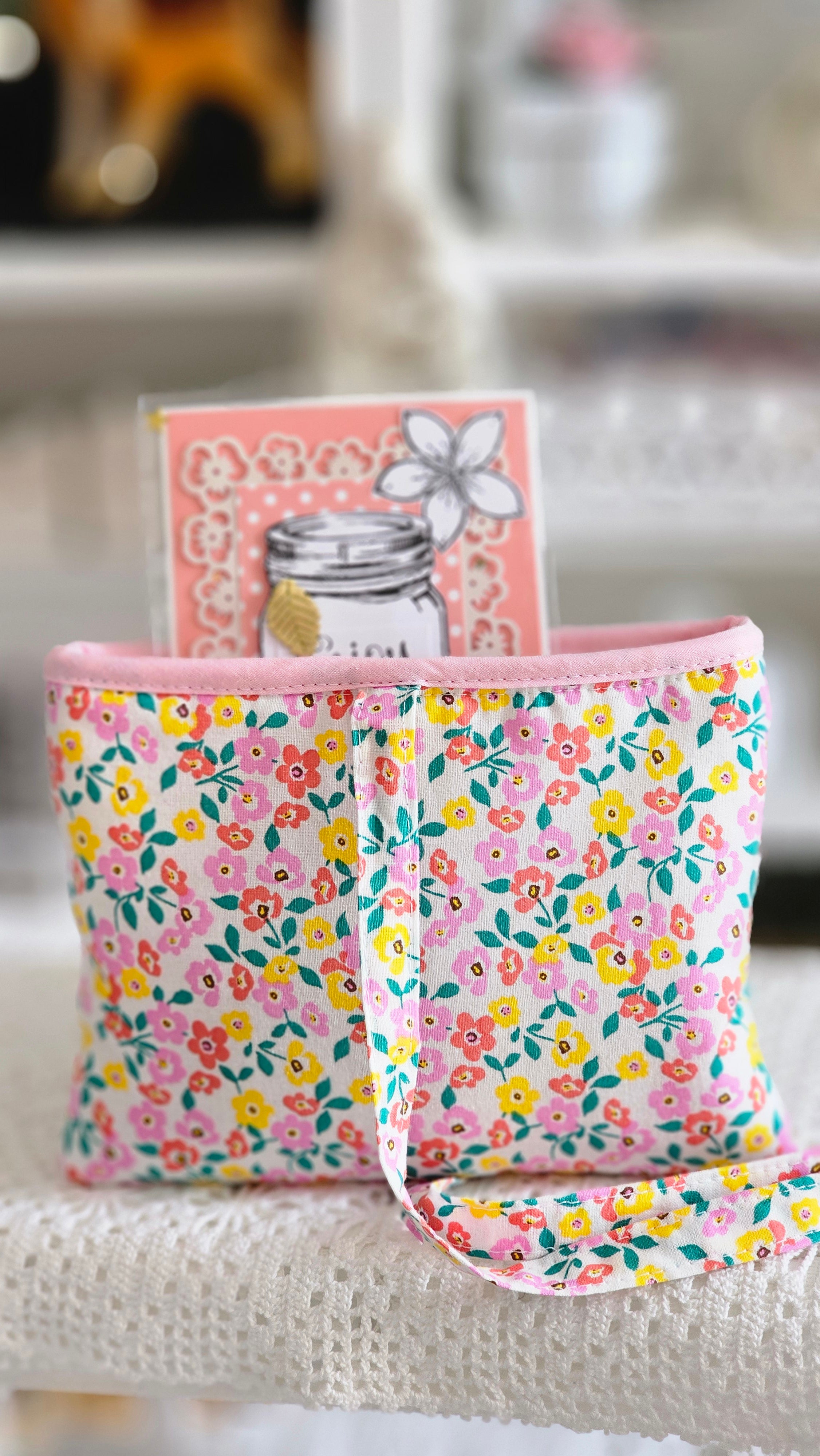 Pochette tissu fleuri et carte à paillettes