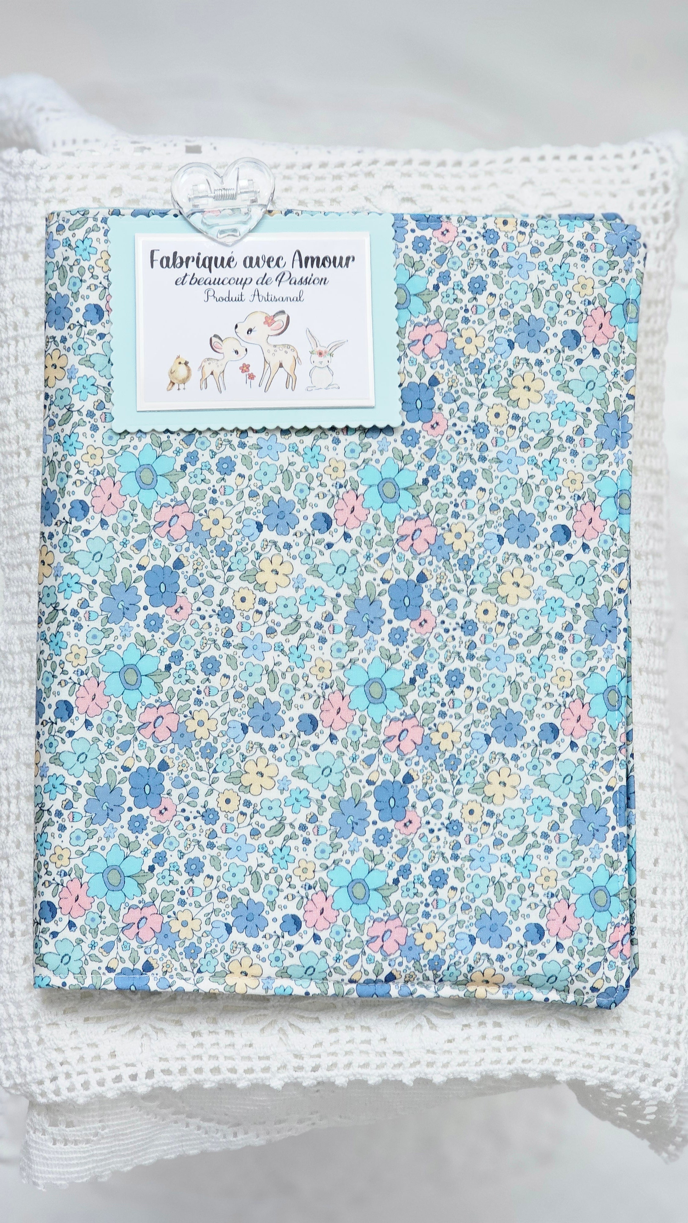 Protège cahier tissu fleuri bleu