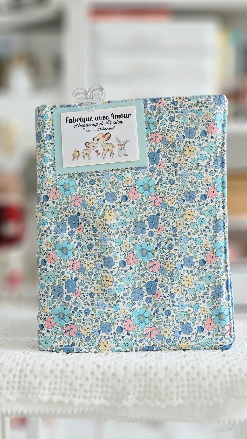 Protège cahier tissu fleuri bleu