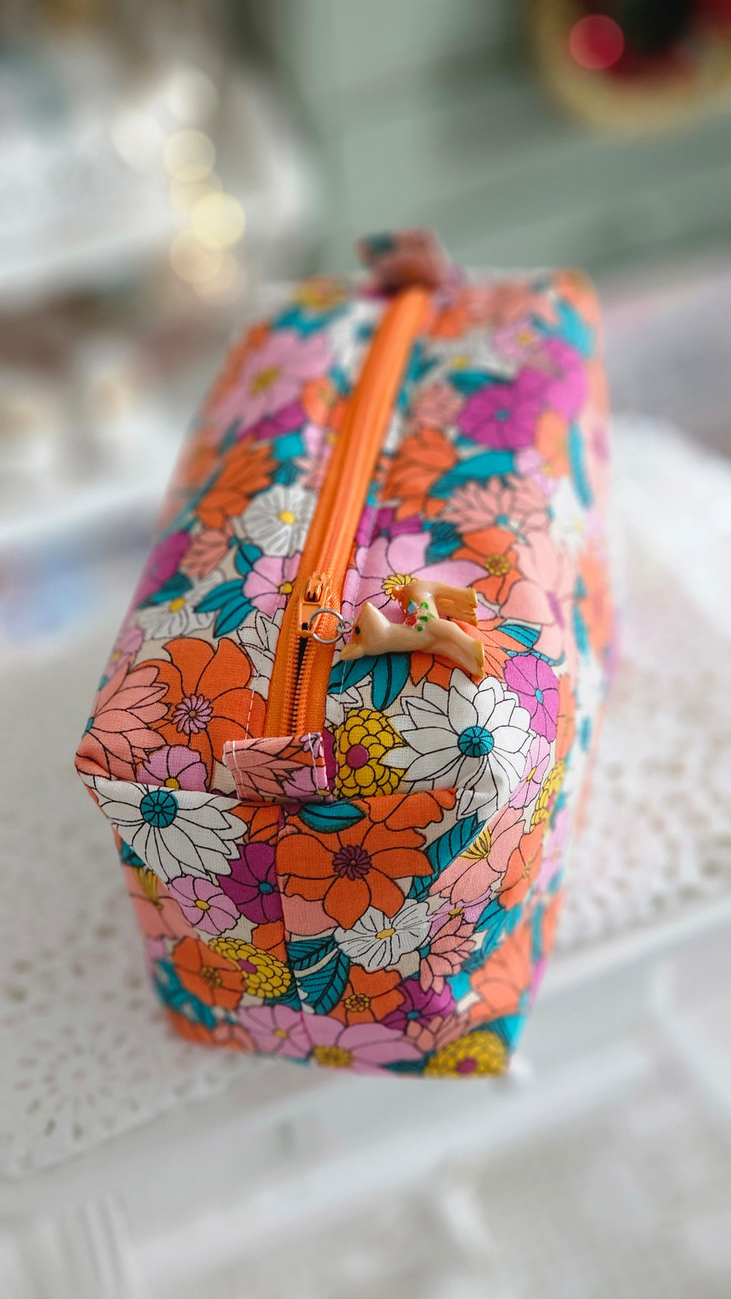 Trousse tissu fleuri orange