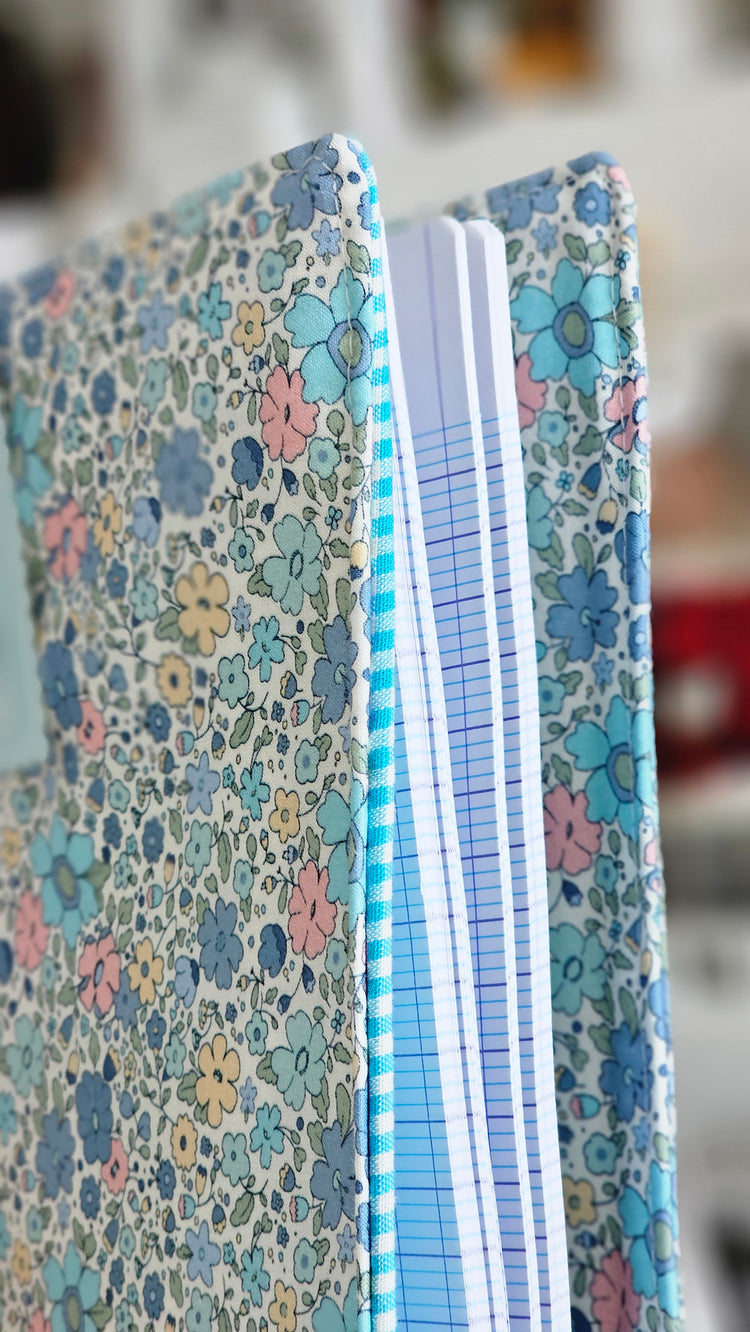 Protège cahier tissu fleuri bleu