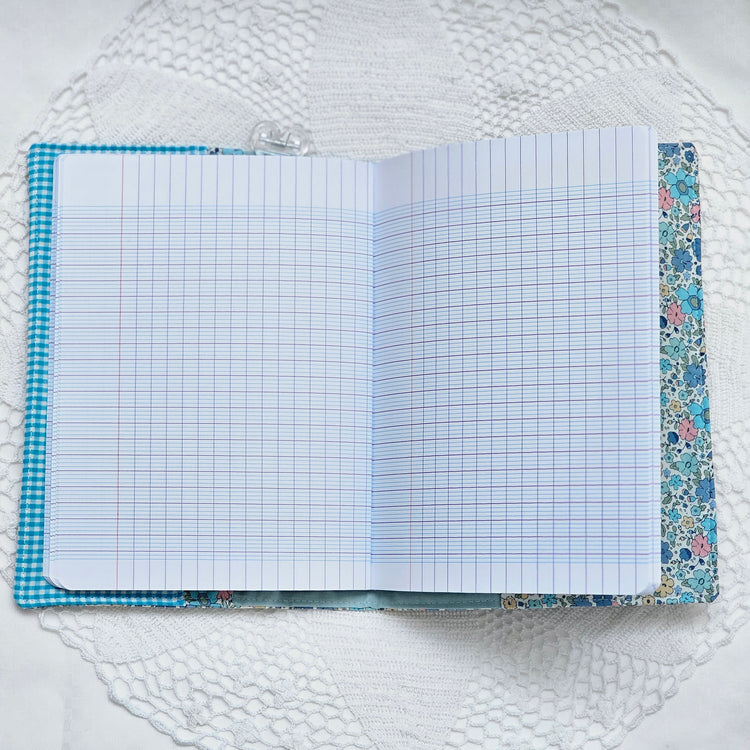 Protège cahier tissu fleuri bleu