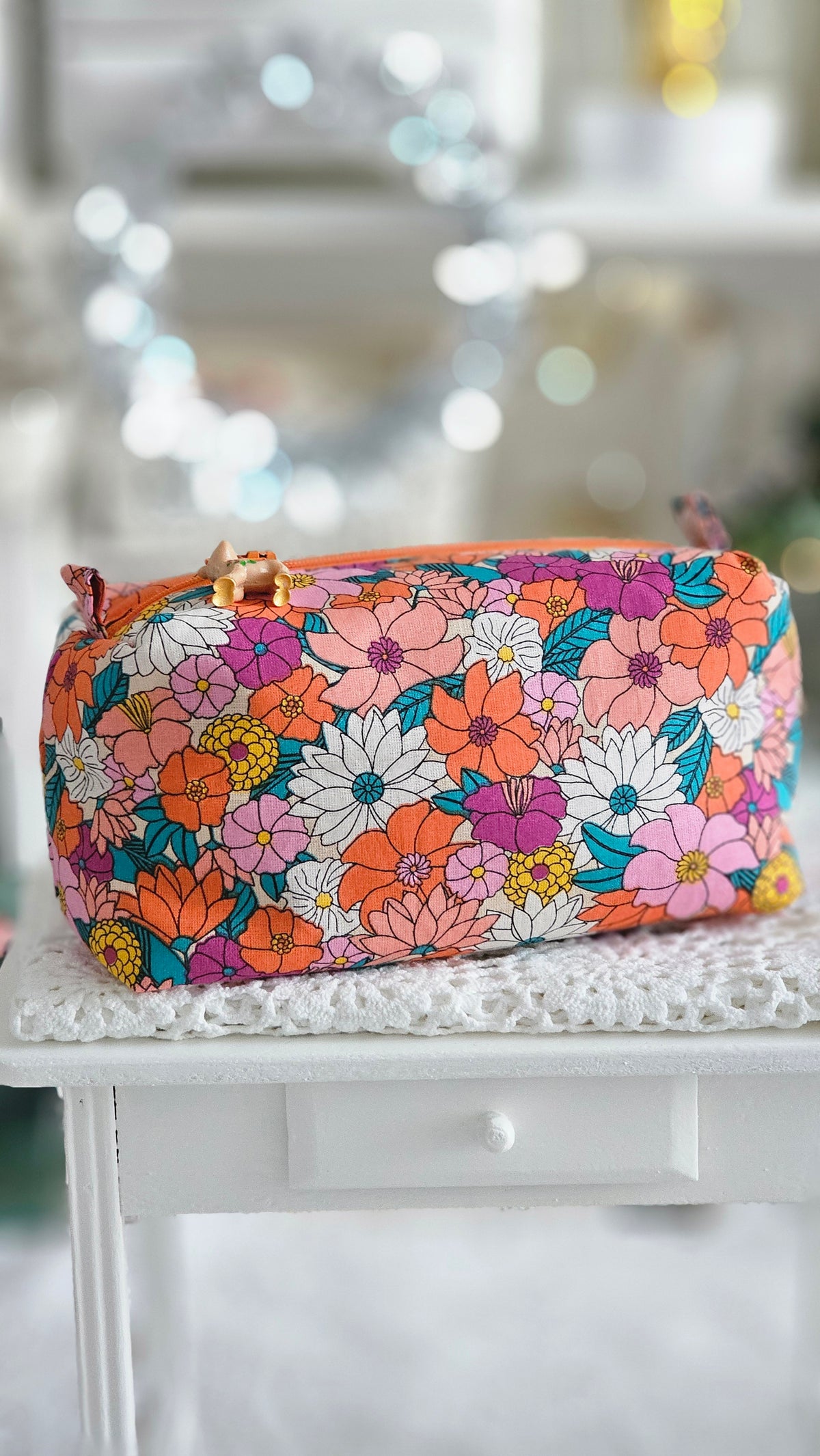 Trousse tissu fleuri orange