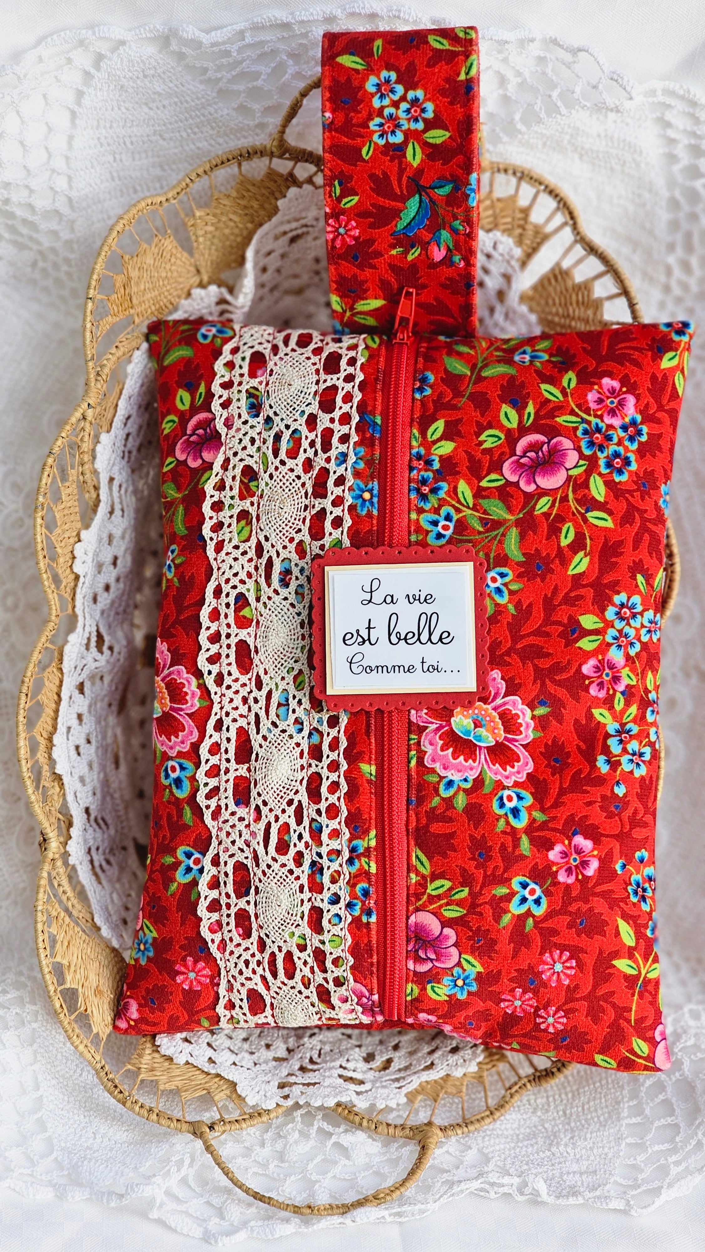 Trousse tissu fleuri rouge