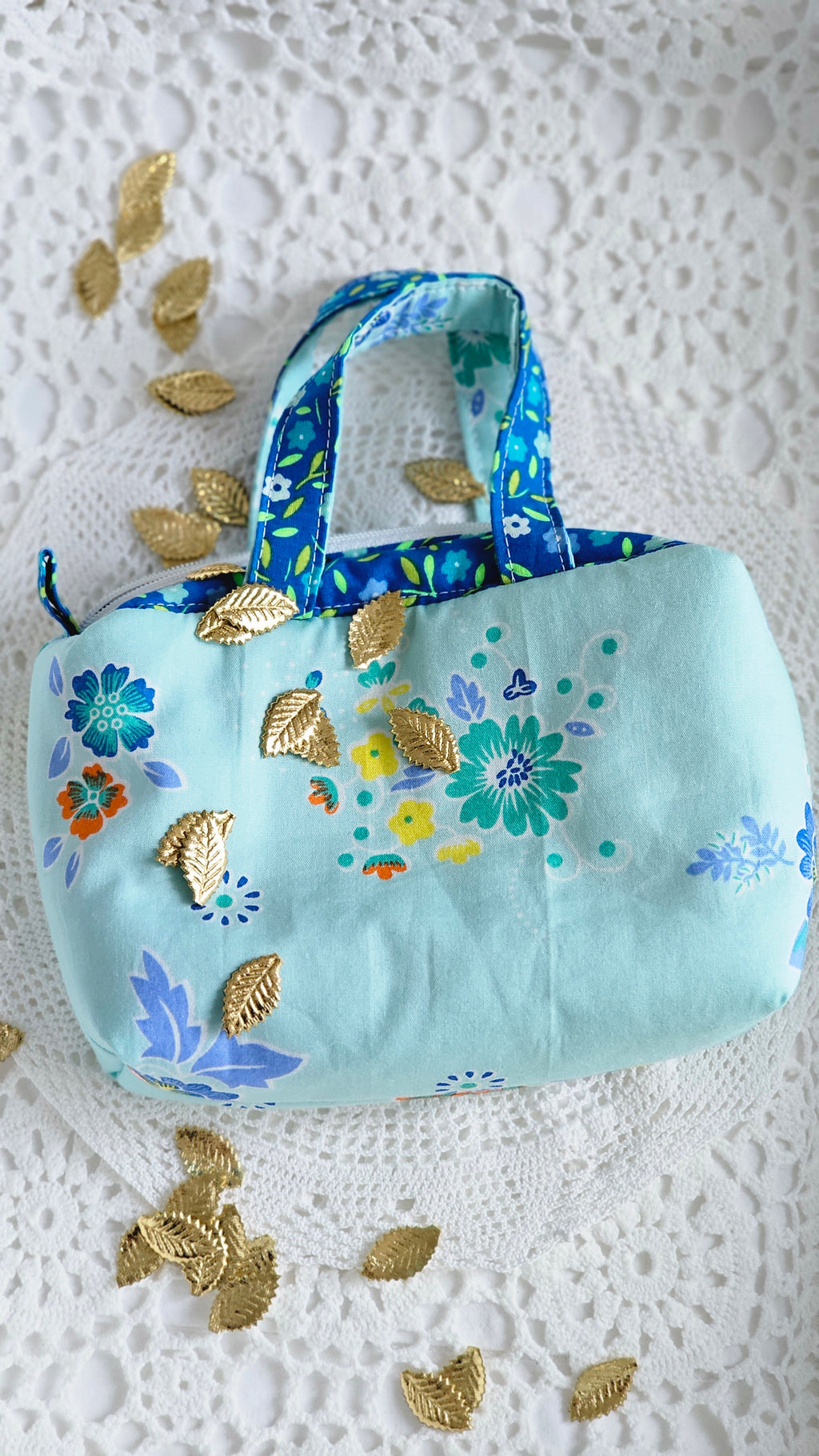 Mini trousse tissu fleuri bleu