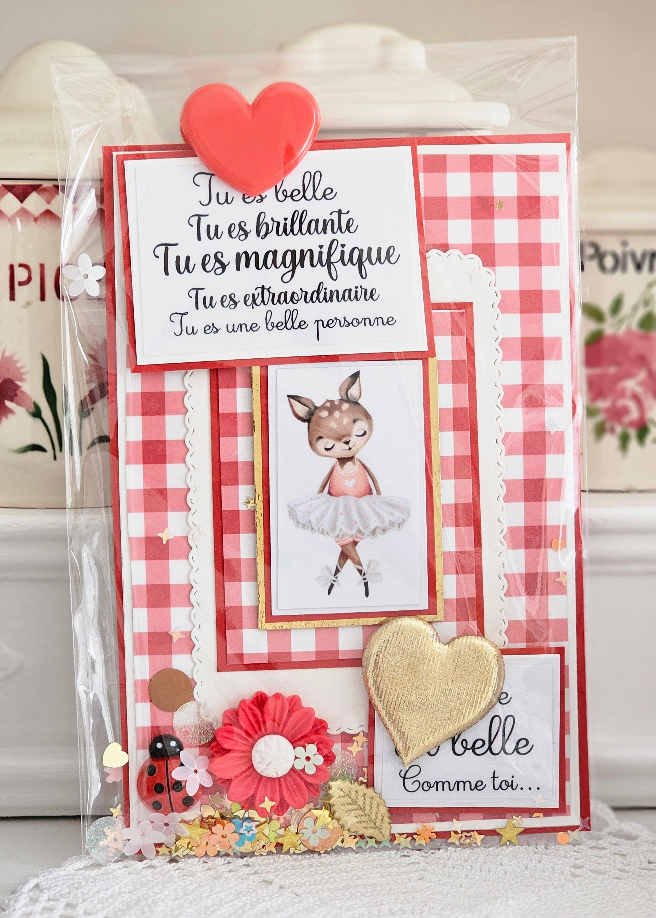 Carte à paillettes vichy rouge