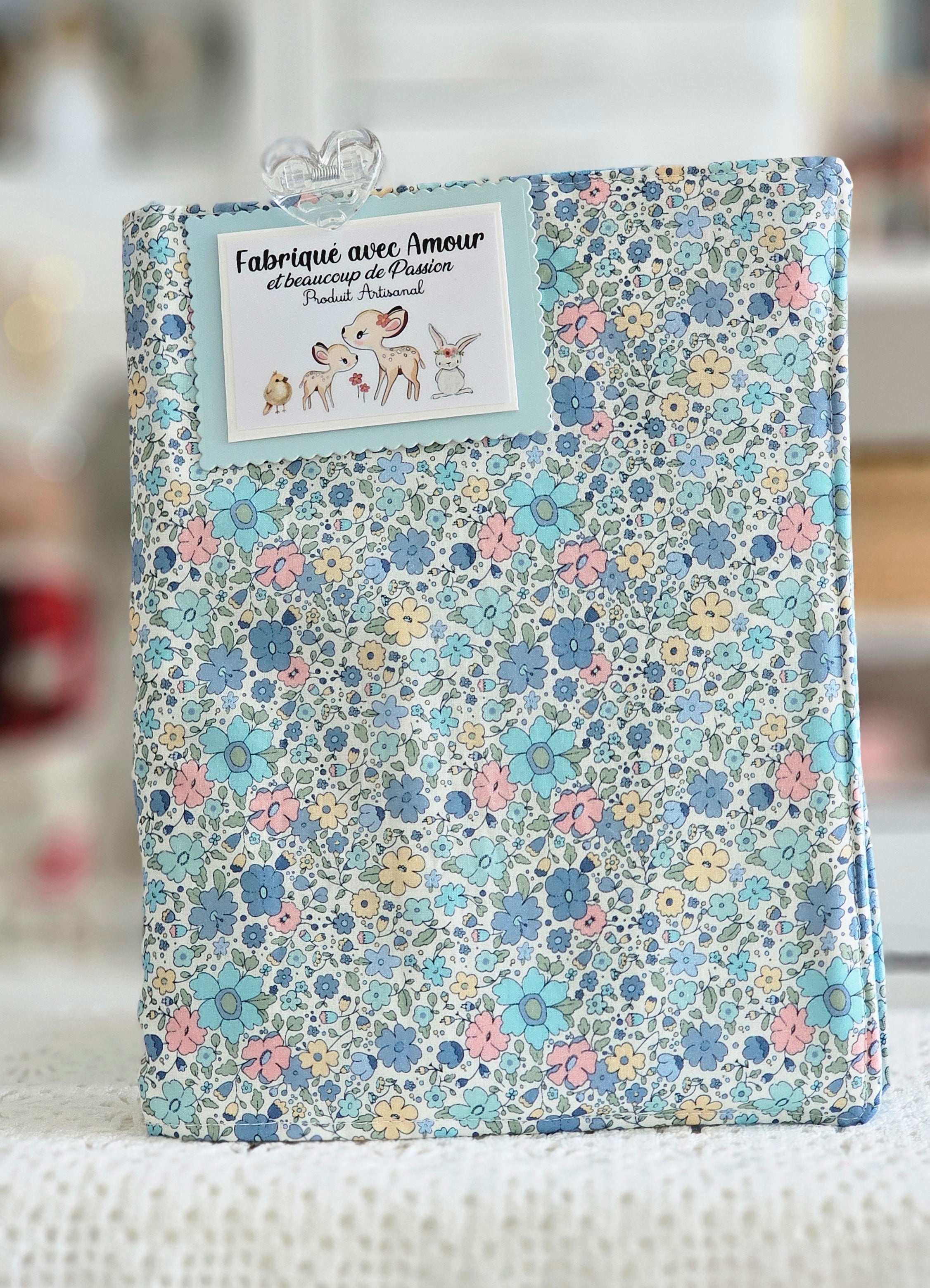 Protège cahier tissu fleuri bleu