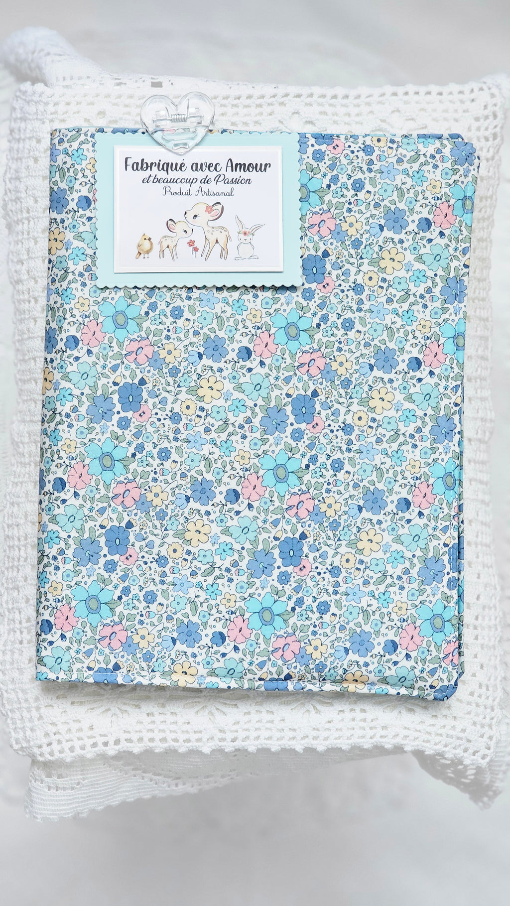 Protège cahier tissu fleuri bleu