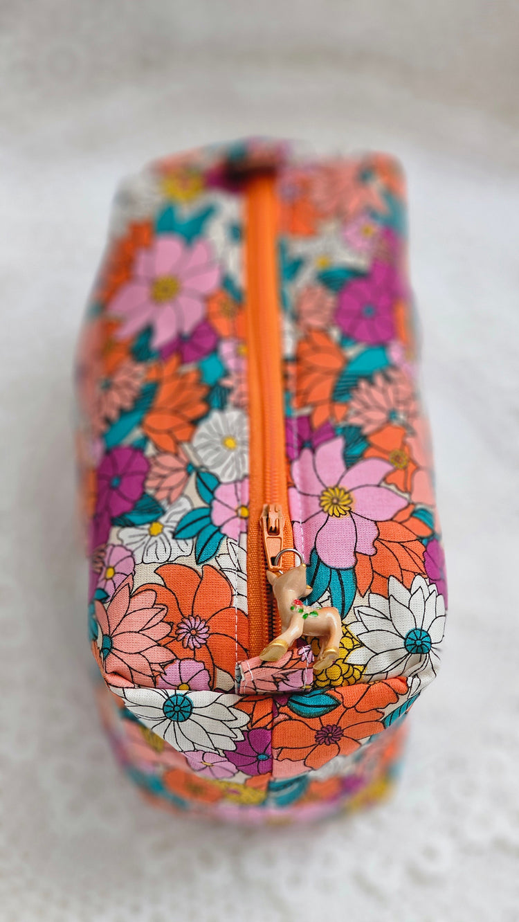 Trousse tissu fleuri orange