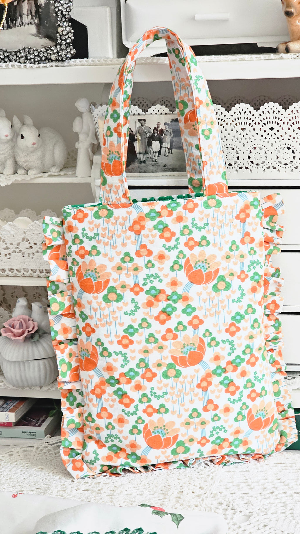 Sac à volants et trousse tissu fleuri orange
