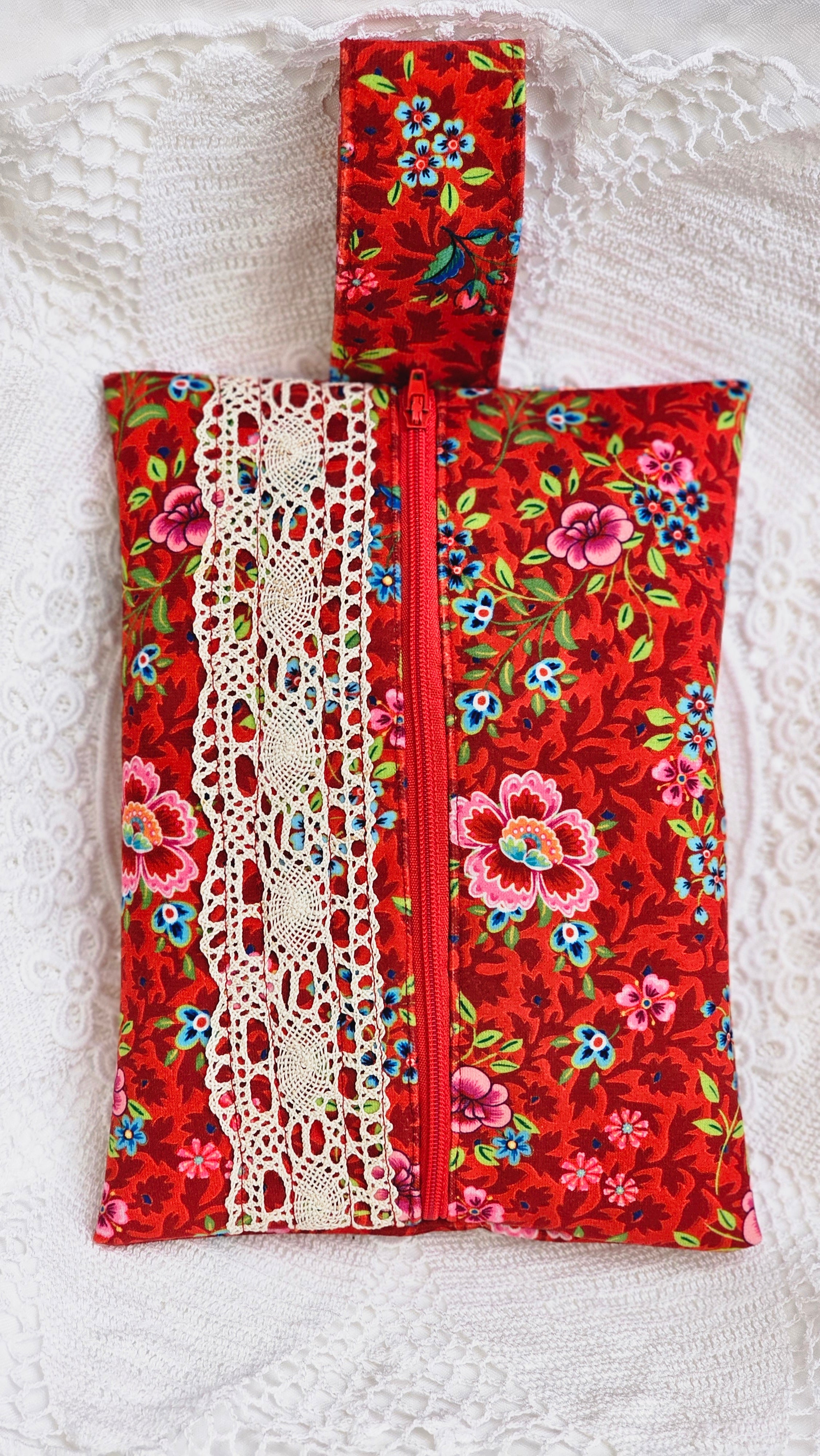 Trousse tissu fleuri rouge